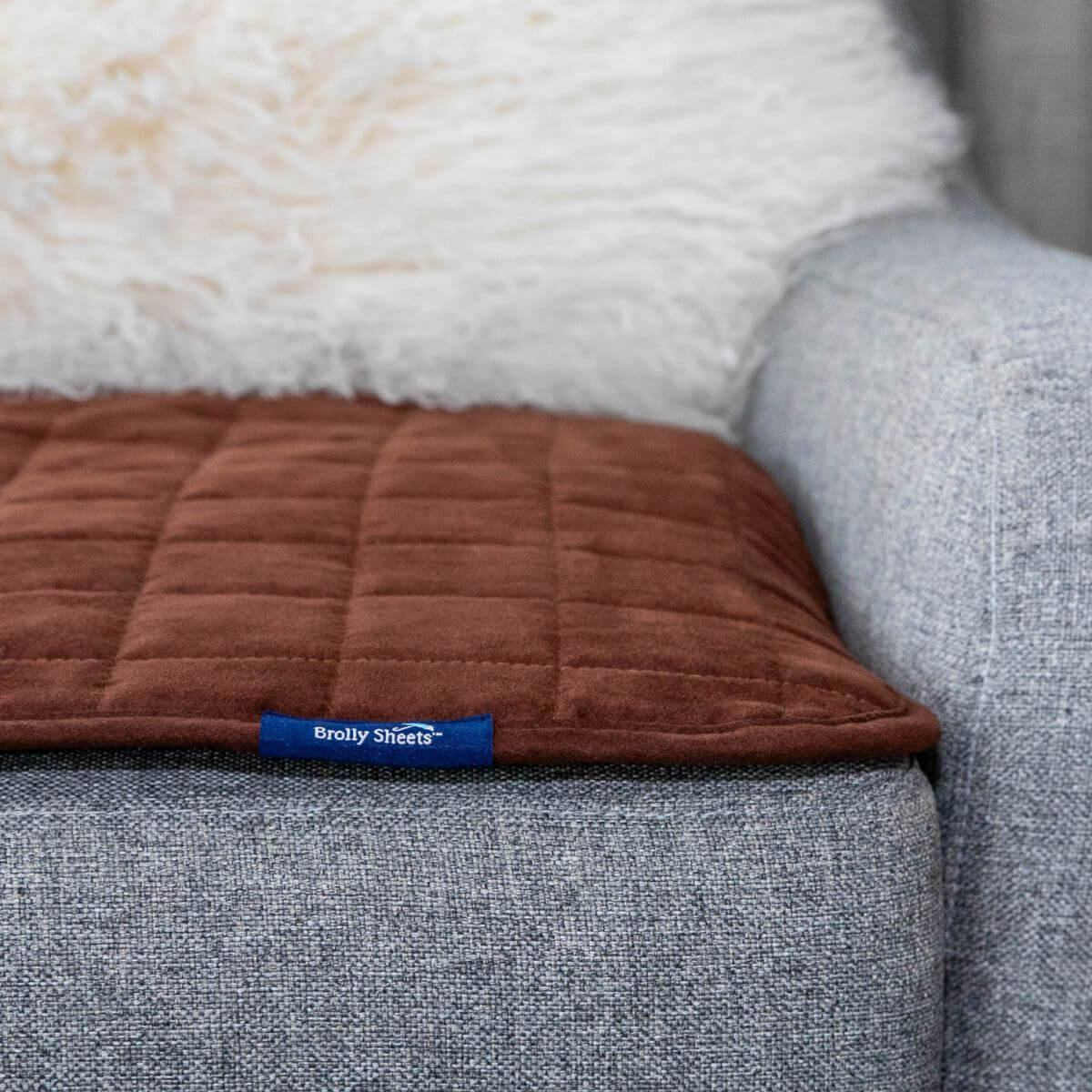 מגן מושב מבית ברולי בצבע חום אדמה, מונח על כורסא