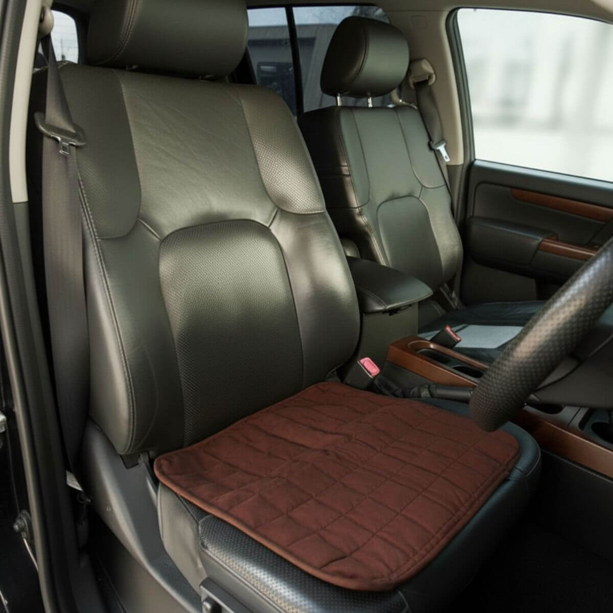 מגן מושב מבית ברולי בצבע חום אדמה על מושב רכב קדמי