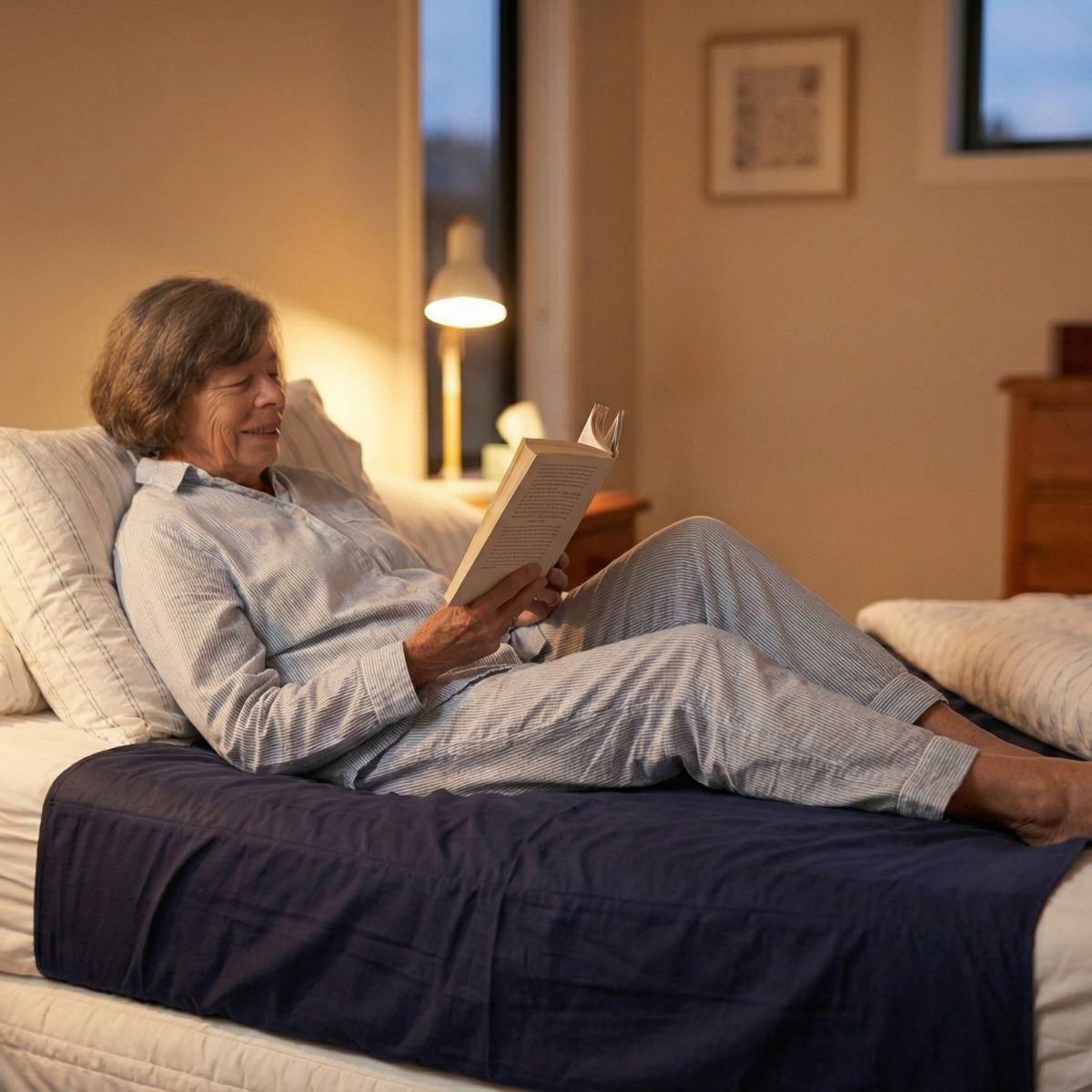 אישה שוכבת בנוחות על מגן מזרן סופג מבית ברולי