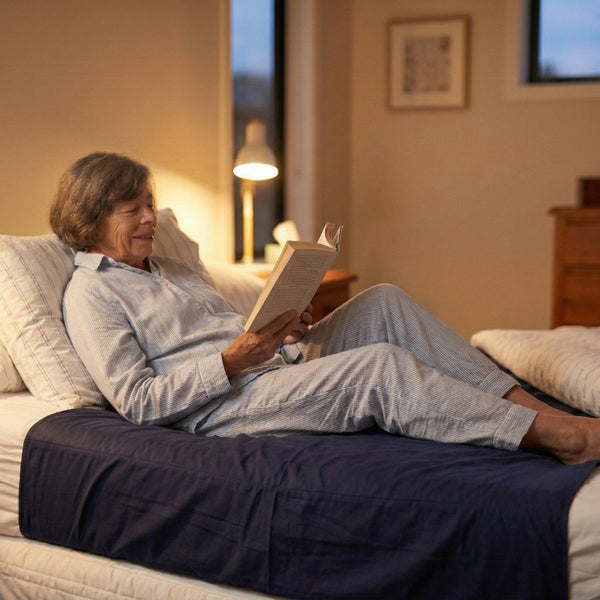 אישה שוכבת בנוחות על מגן מזרן סופג מבית ברולי