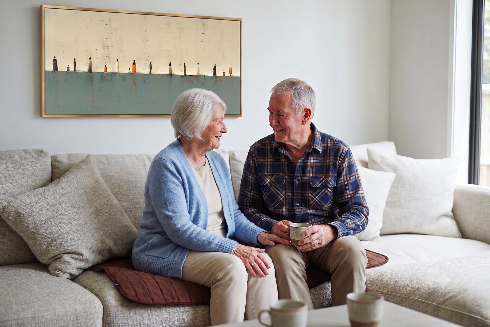 An older couple sitting together in the living room, with a Brolly seat protector